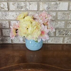 Blue Vase with Yellow and Pink Flowers